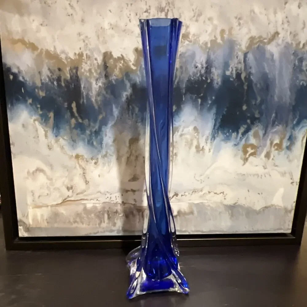 Vintage Cobalt Blue Glass Tall Vase 13.5”
